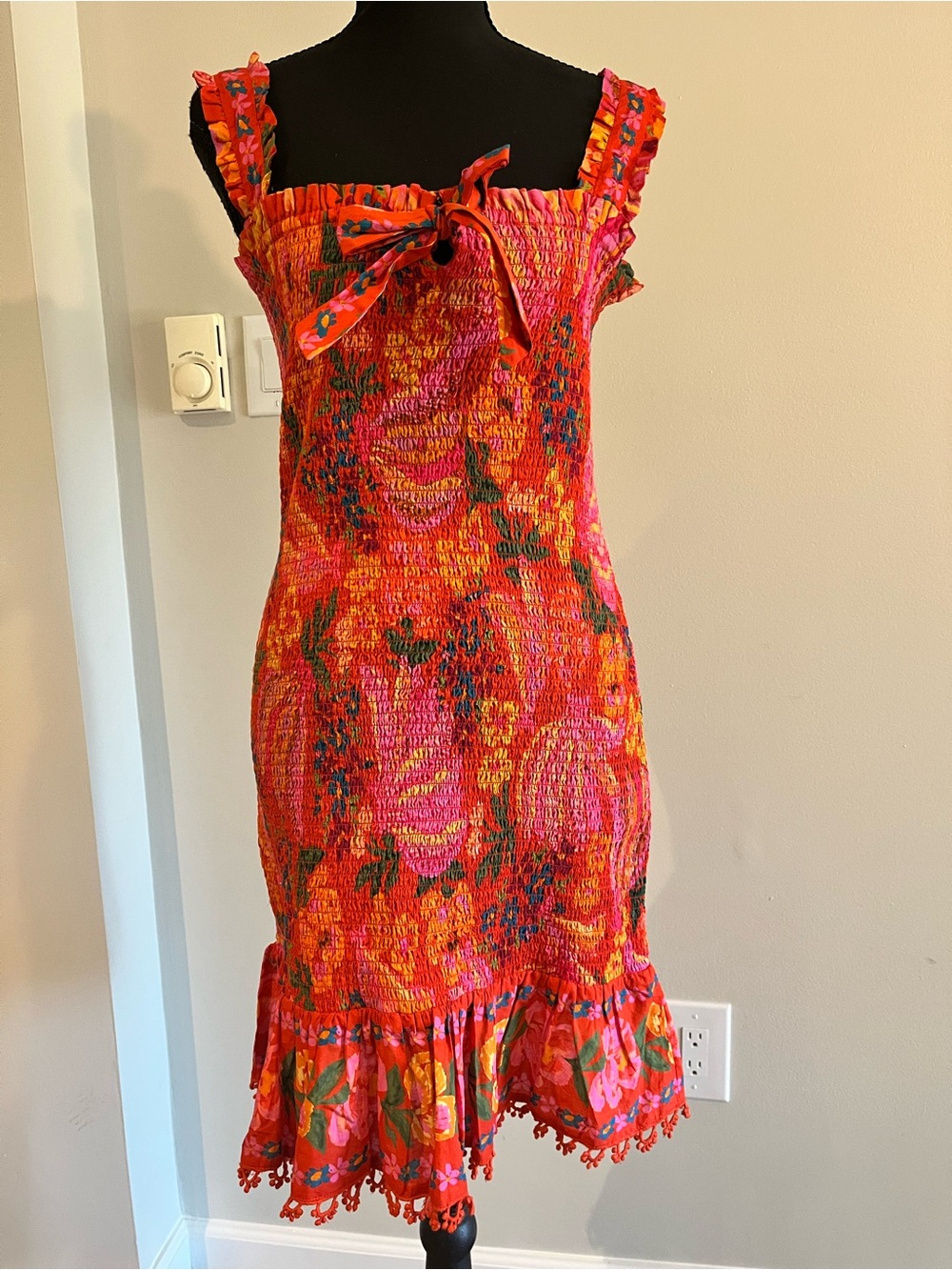 Farm Rio Red Spring Bananas Smocked Floral Mini Dress | Sz M EUC